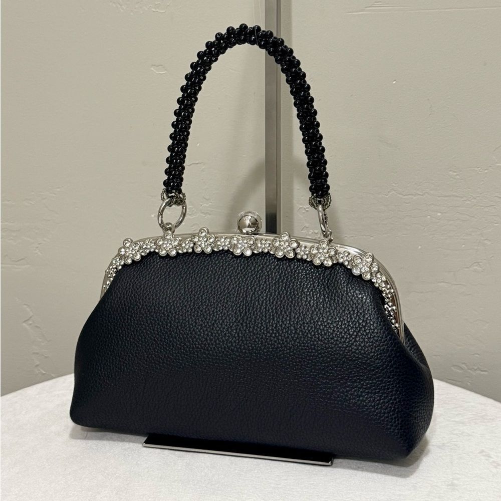 Black Genuine Togo Calfskin Handmade Push-lock Clutch/Wristlet/Evening Bag